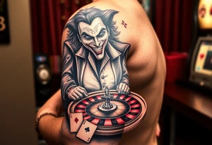 Gambling theme with the joker number 13 with roulette table slot machines and cards tattoo idea