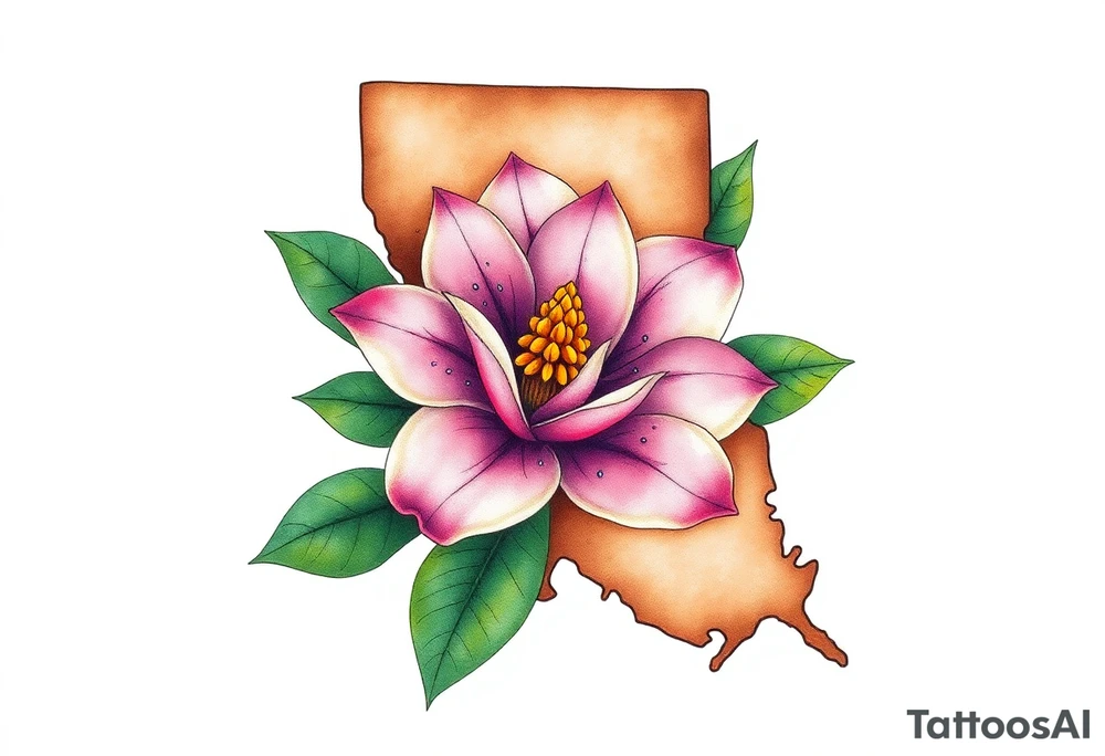 State or louisiana with magnolia flower in tooled leather tattoo idea