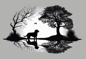 Silouette of a black lab sunder a tree. No detail on lab. Lab drawn to scale tattoo idea