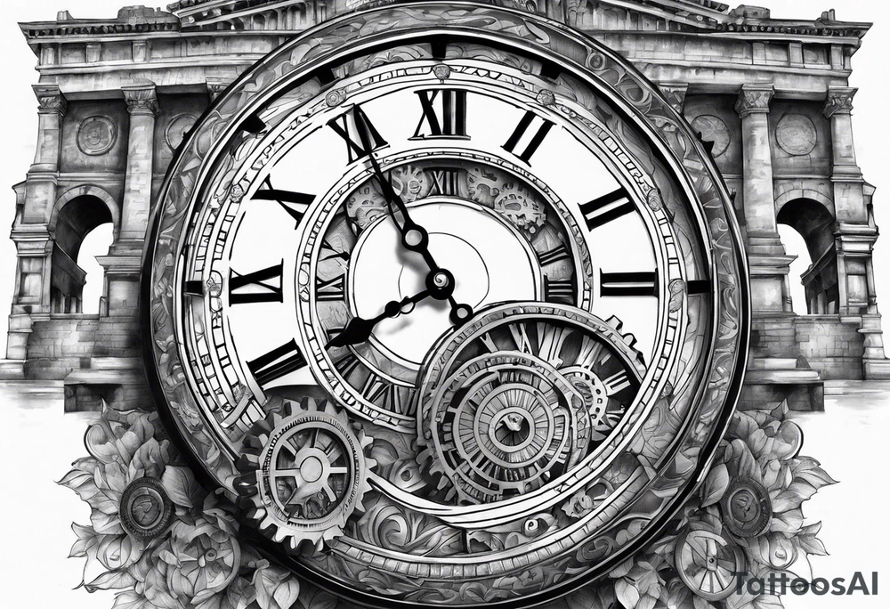Roman clock with gears over colosseum tattoo idea