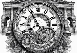 Roman clock with gears over colosseum tattoo idea