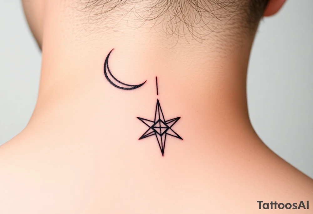 A minimalist crescent moon neck tattoo with a sleek, modern design. The crescent moon is positioned at the top, curving to the left, with a thin, clean line. Below the moon, there is a vertical line intersected by a sharp, star-like shape with four points. The star shape has elongated top and bottom points, giving it a clean, symmetrical look. The tattoo is placed behind the ear, following the natural curve of the neck. The lines are crisp and delicate, creating a stylish, celestial vibe." tattoo idea