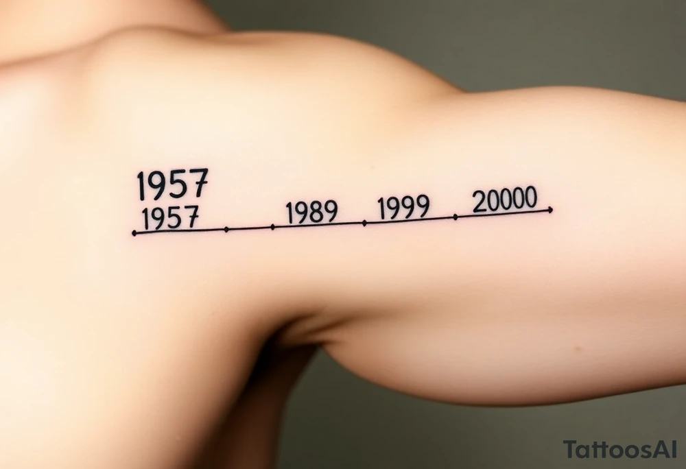Top Line: The parent's birth year (1957) will be at the top, centered.  A small heart will be placed either directly beside it or slightly above it.
 * Timeline Line: A faint, dotted line will extend horizontally from the parent's year, representing the timeline.
 * Children's Years: Four birth years (1980, 1989, 1998, 2000) will be placed below the dotted line, evenly spaced.
Visualizing It:
Imagine it like this:
          1957 <3 
    .......................
    1980   1989   1998   2000
     L          E             K         J tattoo idea