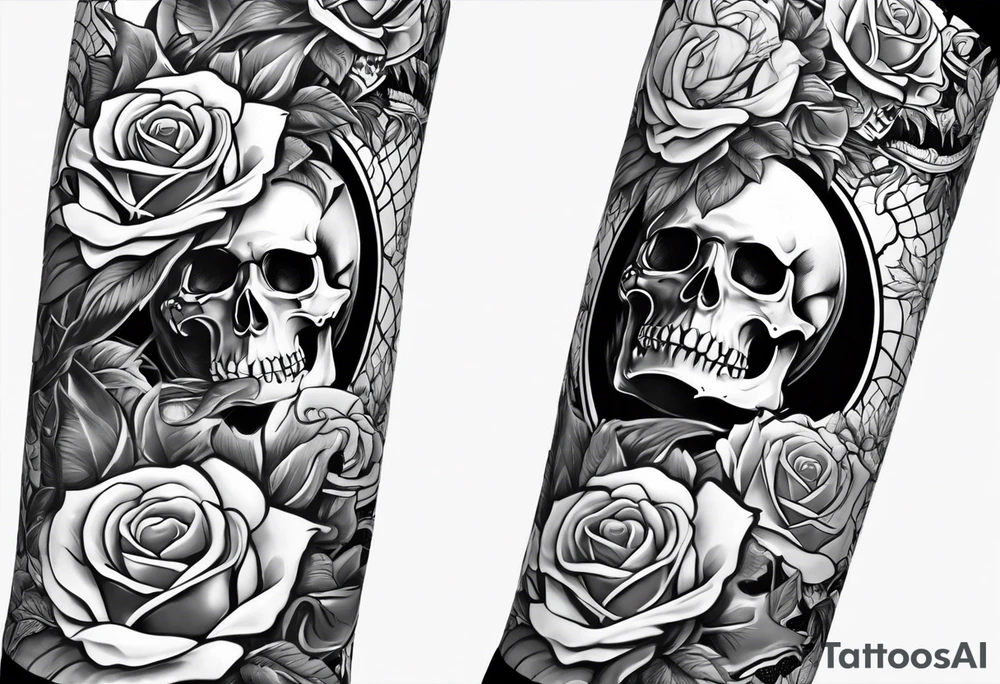 Arm sleeve with skulls alligators and roses tattoo idea