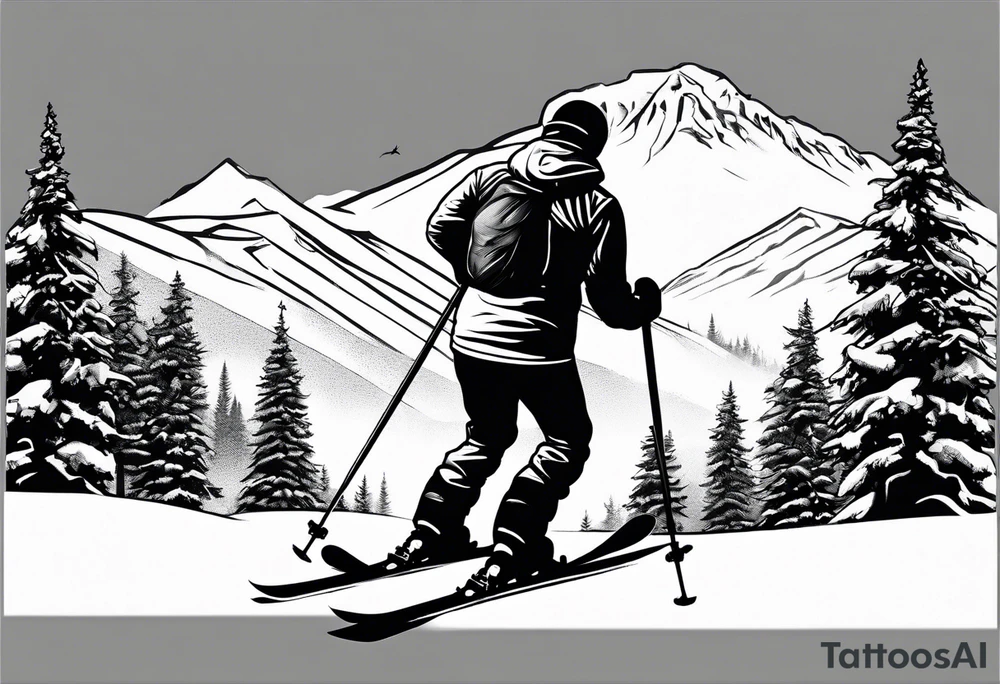 snow skier on mountain with large trees tattoo idea snow skier on mountain with large trees tattoo idea