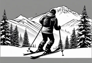 snow skier on mountain with large trees tattoo idea