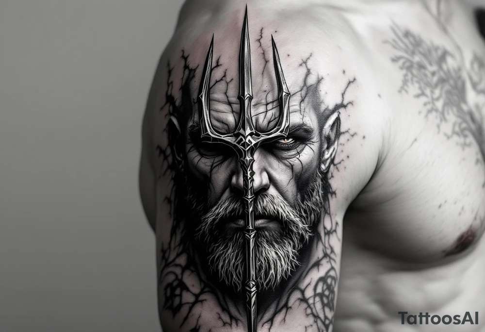 close-up man face behind a trident tattoo idea