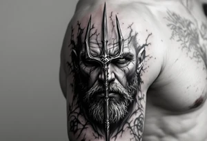 close-up man face behind a trident tattoo idea