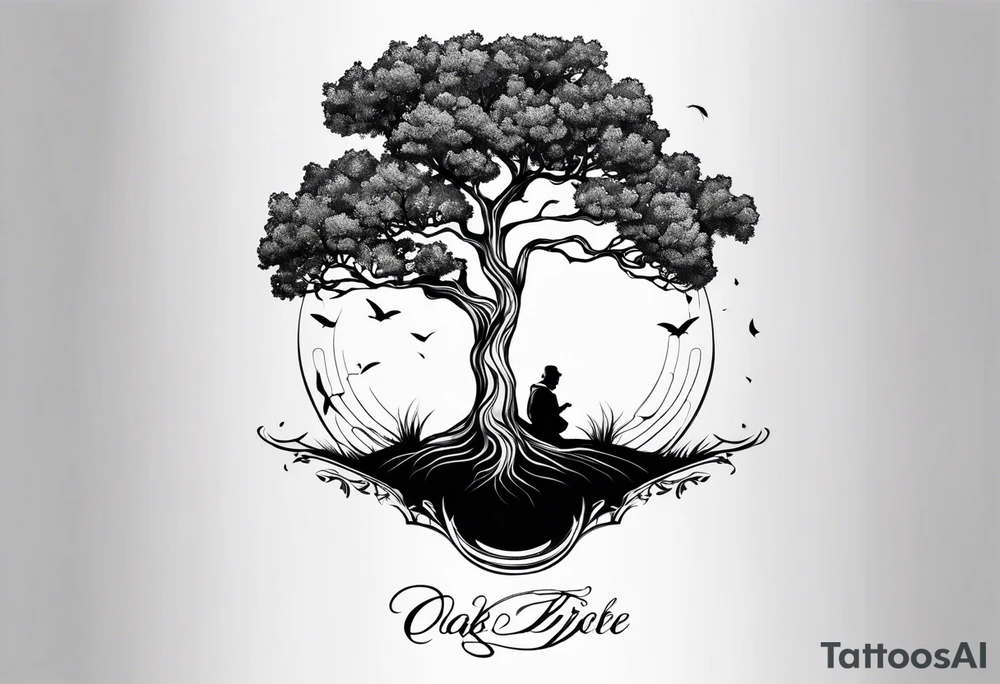One line tattoo of oak tree with little gift at the bottom tattoo idea