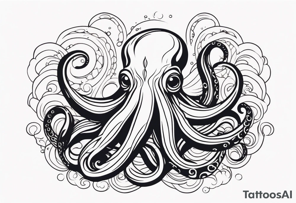 Tribal half sleeve. octopus surrounded by ribbons of water waves filled with fish. the octopus has small eyes. Use thick lines only with less detail. tattoo idea
