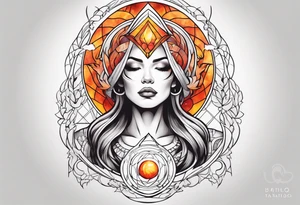 Woman holding fiery orb of creation above her head tattoo idea