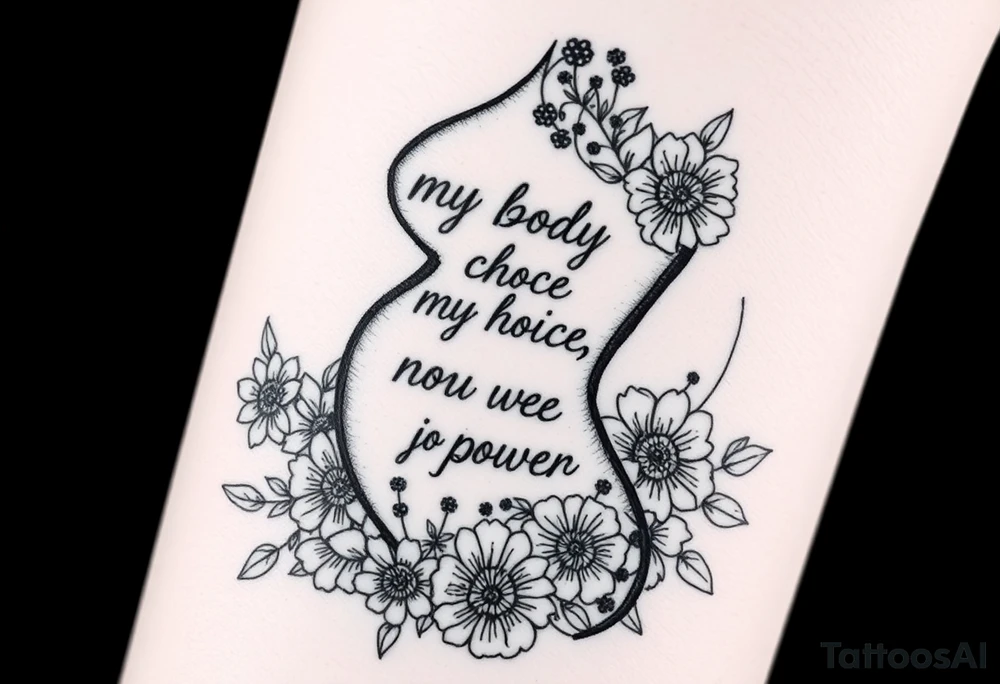 My body, my choice, my power, my voice inside the outline of a Curvy, tattooed woman's body in a frame of flowers tattoo idea