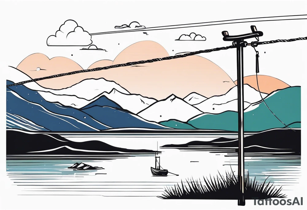 landscape and fishingpole and line with hook tattoo idea