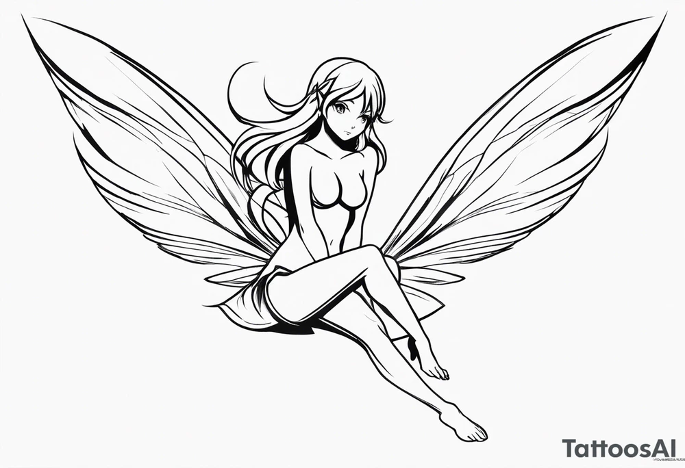 No color sketch of a fairy with a tail inspired by the guild symbol in the anime show called Fairy Tail in a fetal position leaning forward while crawled in and her body is an angle while floating in the air with big wings tattoo idea