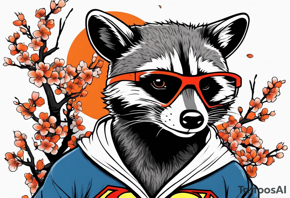 raccoon wearing a Superman hoodie with orange Japanese cherry blossoms tattoo idea