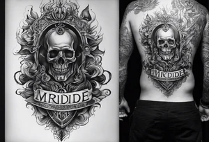 A full back piece themed on the surname mcbride. It should not have any faces in it. It should have a hand holding fire. It should have the text Vincit Pericula Virtus in large writing on it tattoo idea