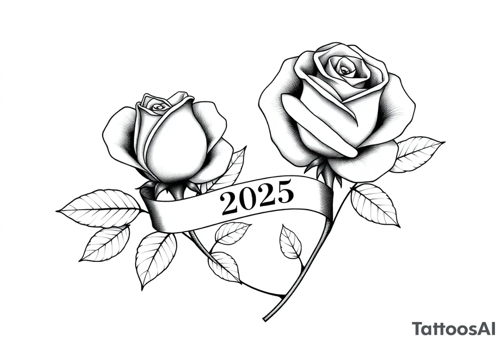 two beautiful large rose buds, one larger than the other, with many leaves next to the rose buds, with one sitting higher than the other. Include a banner connecting the two roses with the year "2025" on it.   Use dark outlines with little shading. The two stems should be short, not long, and connect and join into one stem, whimsically curved or twisted - not straight down. tattoo idea