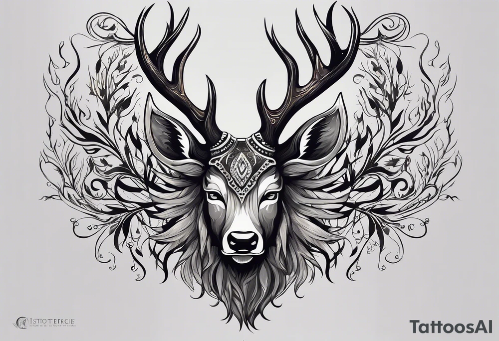 The Great Forest Spirit is a powerful deity that rules over the forest and the animals. It can take the form of a deer-like creature with a human face, or a giant, glowing humanoid at night. tattoo idea