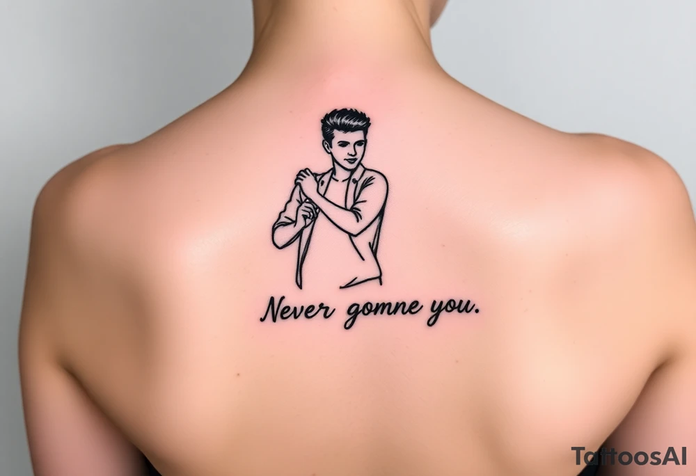 Rick Astley's  Dance Pose outline with text "Never Gonna Give You Up" tattoo idea
