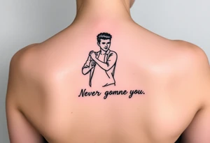 Rick Astley's  Dance Pose outline with text "Never Gonna Give You Up" tattoo idea