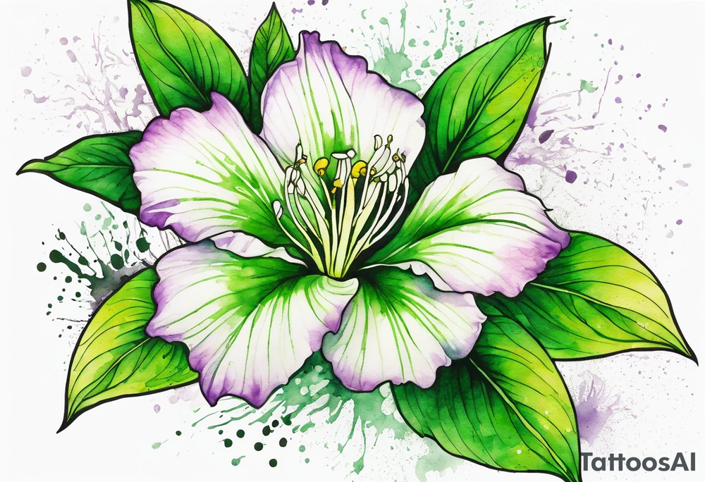 An outline of a green rio dipladenia flower and a green/purple watercolor splash in the background tattoo idea