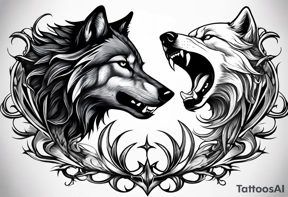 White wolf fighting Black wolf tattoo idea