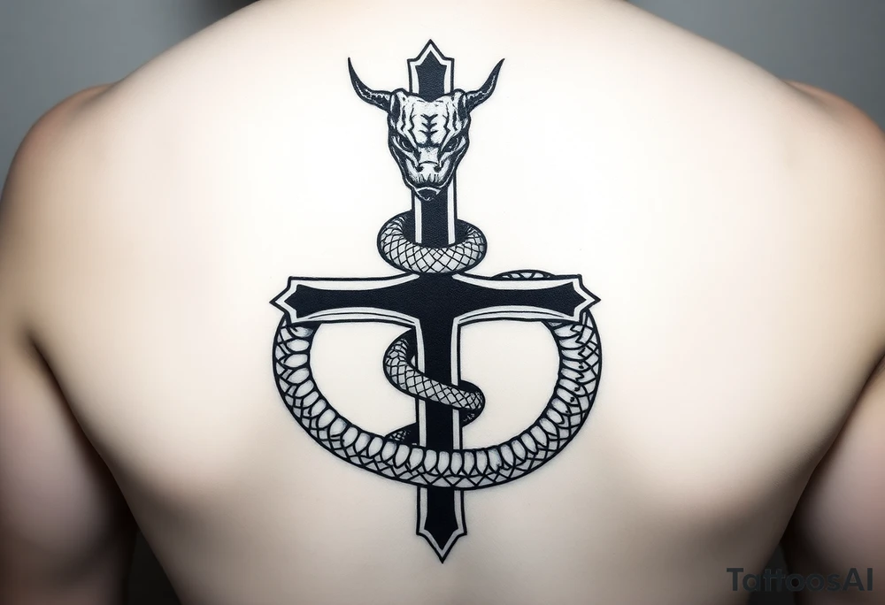 black and white drawing of a cross and a snake wrapped around it, leviathan cross, striking graphic illustration featuring a black cross engulfed by a snake, which forms an infinity loop. The snake is depicted with intricate scales and a menacing expression, coiling tightly around the vertical shaft of the cross. The overall composition is bold and simplistic tattoo idea