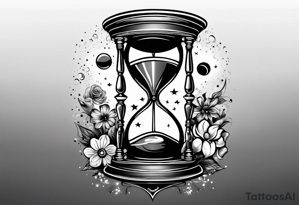 Mix an hourglass with a nautical clock with the addition of planets, galaxies and flower spikes to give a design to print on a t-shirt, the design should be in one color in the form of a tattoo and all the shapes should be mixed to give one shape tattoo idea