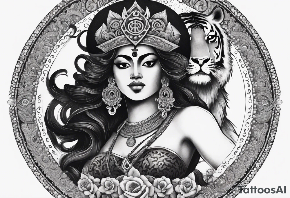 durga goddess, riding a tiger, kali, pirate, pachamama, chest tatoo tattoo idea