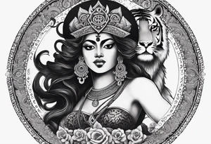 durga goddess, riding a tiger, kali, pirate, pachamama, chest tatoo tattoo idea