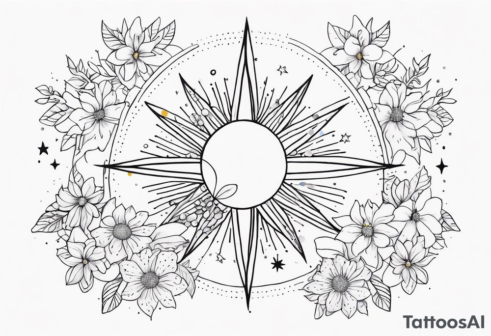 fine line with sun, stars, floral, dots. Sternum tattoo tattoo idea