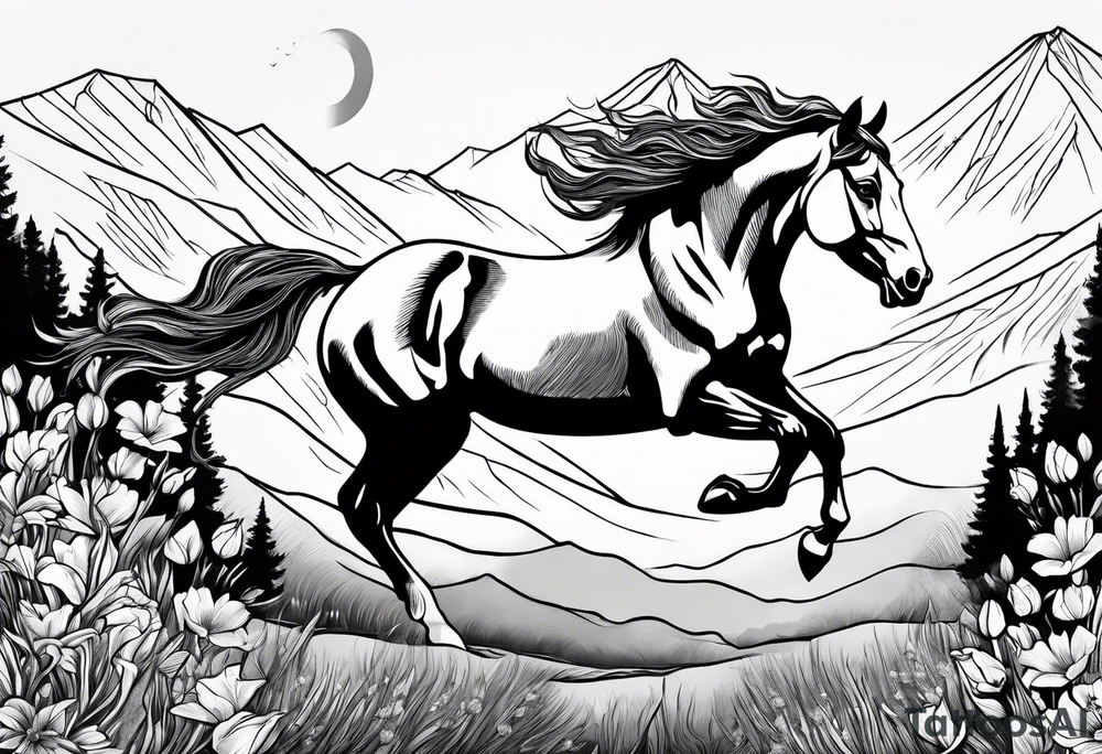 bucking horse, mountains background, flowers, western tattoo idea