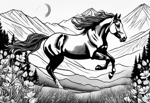 bucking horse, mountains background, flowers, western tattoo idea