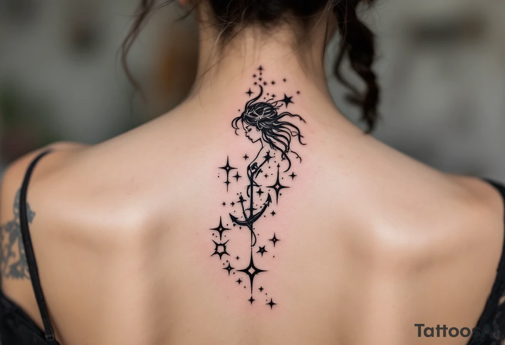 The Virgo maiden in black anchors a trail of pastel-colored stars that form the constellation on the upper spine. tattoo idea