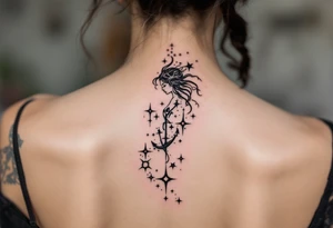 The Virgo maiden in black anchors a trail of pastel-colored stars that form the constellation on the upper spine. tattoo idea