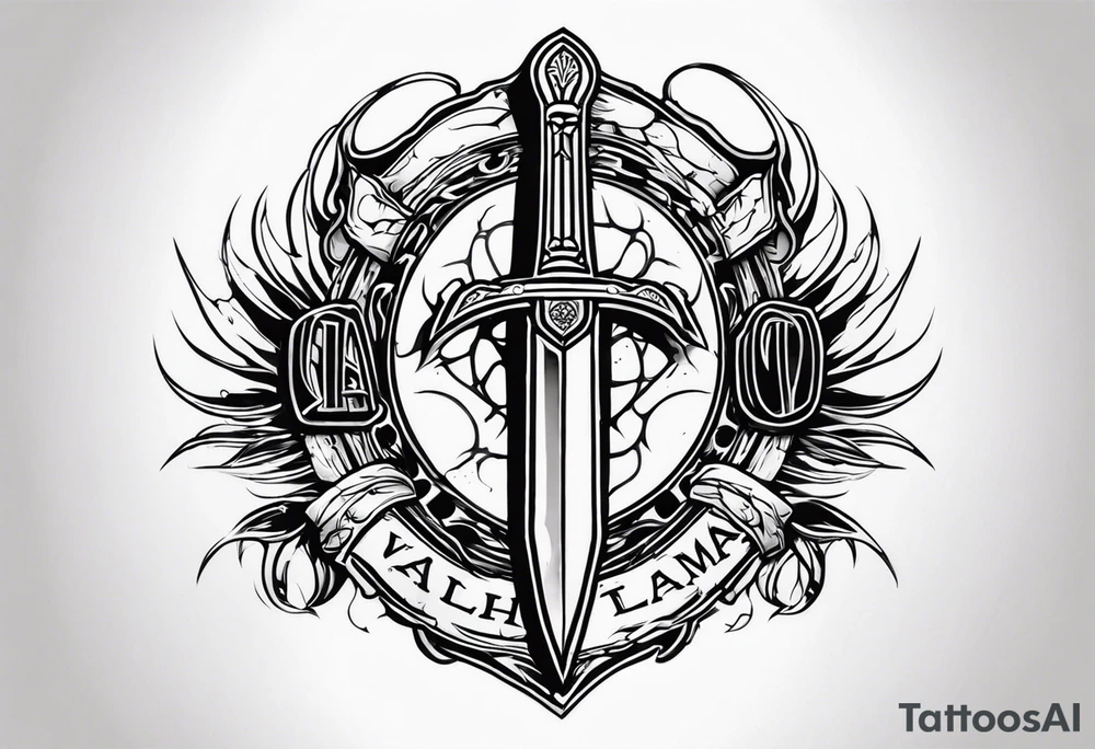 Valhalla flames sword shield barb wire tattoo idea