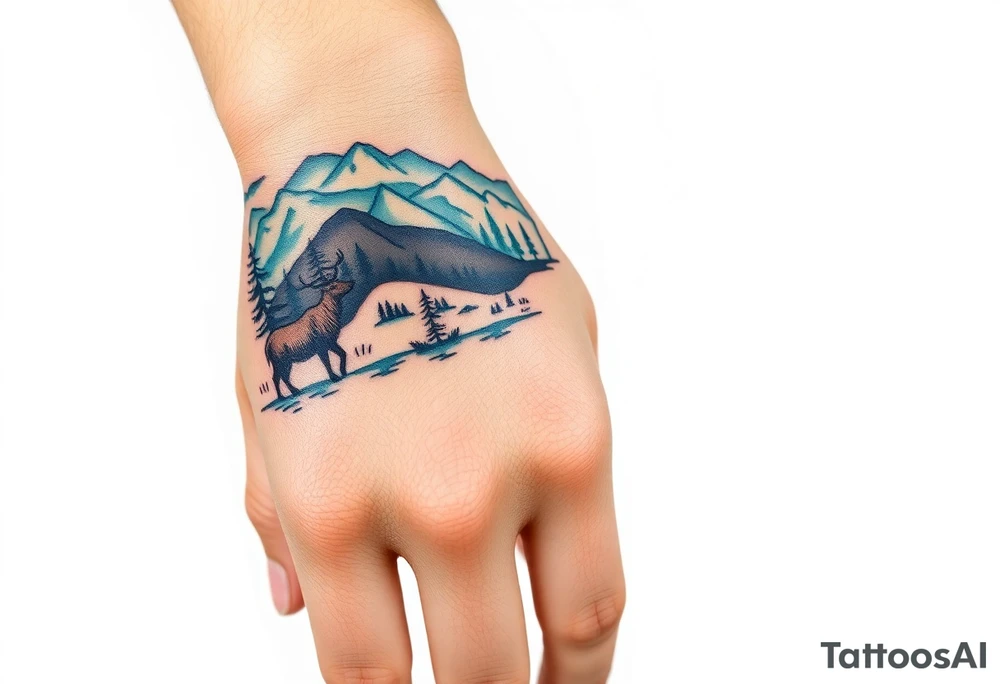 A full-sleeve with the Härjedalen landscape, reindeer, bear, lakes, mountains (Helags), tattoo idea