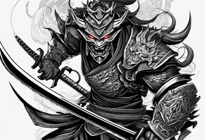 Angry demon Modern robot ninja with demon mask with swords in hands fighting dragon tattoo idea