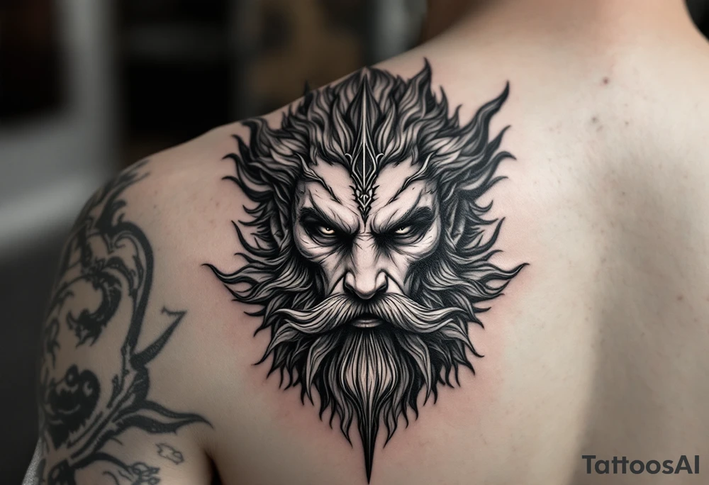 close-up gentle poseidon behind a trident tattoo idea