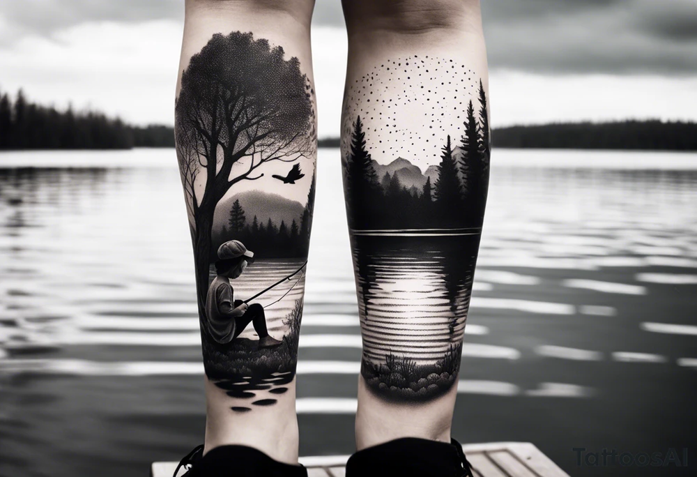 forearm tattoo set on a lake. At the bottom of the tattoo there is a dock with a little boy fishing and a little girl reading. There are trees surrounding the lake. tattoo idea