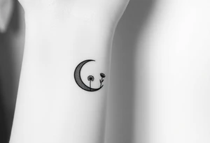 Small black and white tattoo waxing crescent moon with small Daisy birth flower and tiny Leo gliph tattoo idea