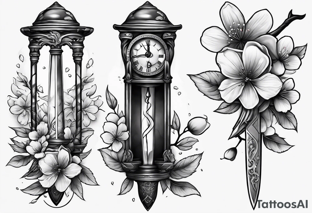 Dagger with hourglass and cherry blossom petals and shadow clock surrounding it tattoo idea Dagger with hourglass and cherry blossom petals and shadow clock surrounding it tattoo idea