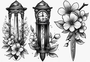 Dagger with hourglass and cherry blossom petals and shadow clock surrounding it tattoo idea