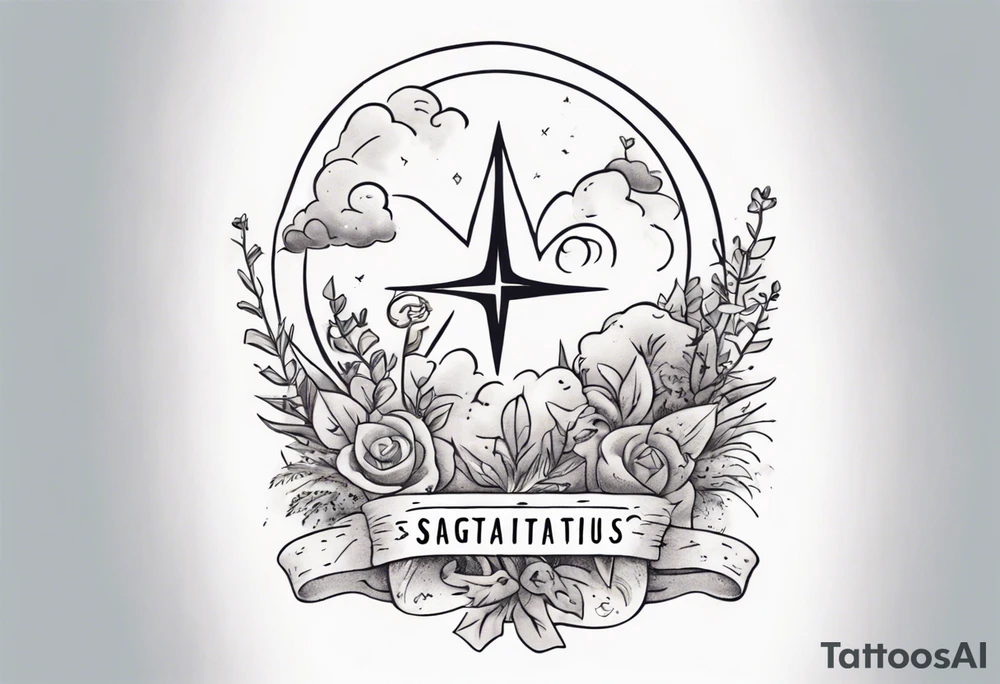 a forearm tattoo with a cloud with little plants around the word sagittarius and underneath it the date 12.08.05 tattoo idea