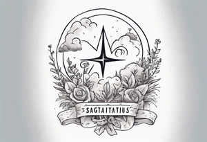 a forearm tattoo with a cloud with little plants around the word sagittarius and underneath it the date 12.08.05 tattoo idea