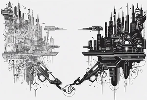 minimalist cyberpunk upper arm design from the shoulder that depicts heaven and hell as a city scape 
with neuron projecting downwards. tattoo idea