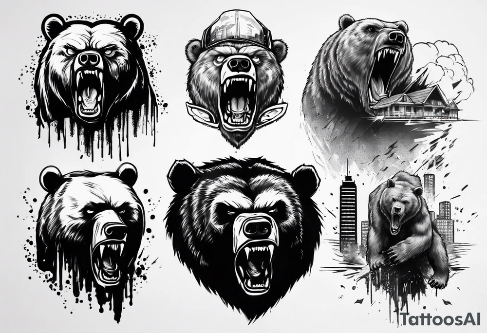 Angry bear coming up behind a city tattoo idea