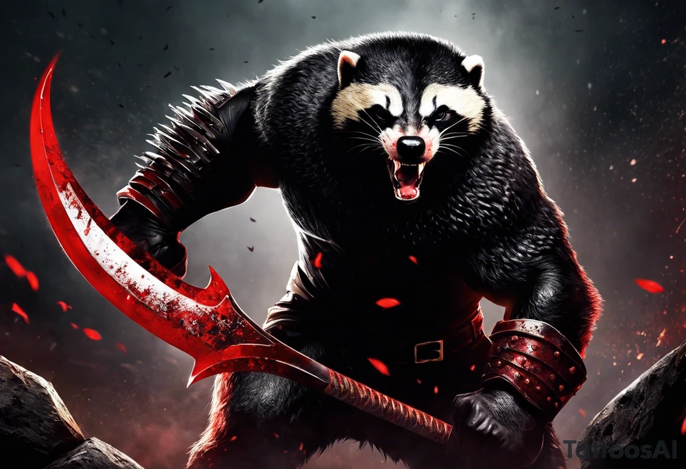Draw me psychopath Fearless Honey Badger/Berserker with aggressive full body, killer face with a scary smile, very long nails and he attacks like a Bloody Assassin/Warrior/Gladiator to us and also, he has very deadly looking. He fights with his nails only. Everybody scares after their first sight. Give me horror type Badger Tattoo. I want to see his Realistic full body with no weapons. You can show destruction at the back. tattoo idea