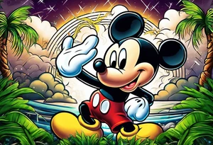 mickey mouse in a lightning storm with palm trees and the celtic symbol for family tattoo idea