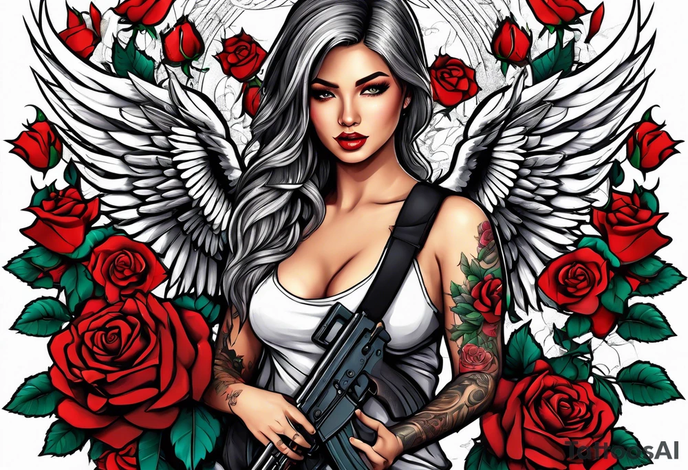 Beautiful angle standing with wings and tattoos surrounded by roses holding a ak 47 tattoo idea